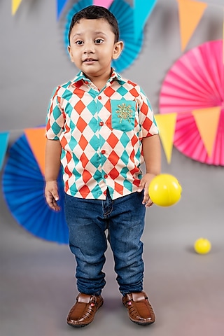 Beige Linen Satin Diamond Printed Shirt For Boys by LITTLE BRATS