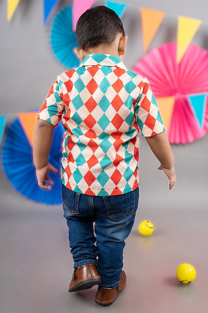 Beige Linen Satin Diamond Printed Shirt For Boys by LITTLE BRATS at Pernia's Pop Up Shop