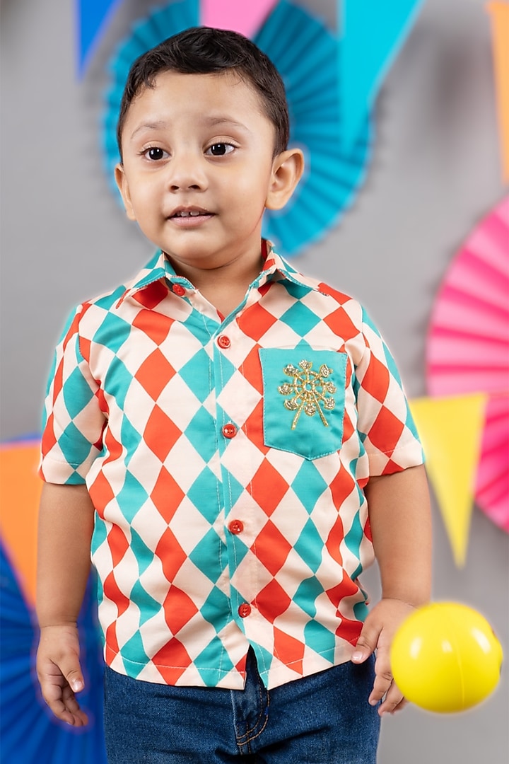 Beige Linen Satin Diamond Printed Shirt For Boys by LITTLE BRATS at Pernia's Pop Up Shop