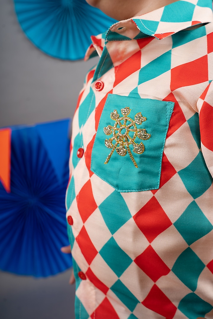 Beige Linen Satin Diamond Printed Shirt For Boys by LITTLE BRATS at Pernia's Pop Up Shop