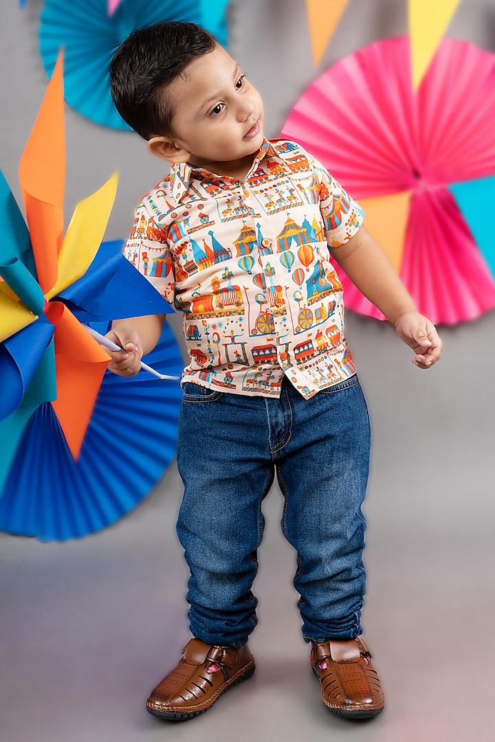 Beige Linen Satin Circus Printed Shirt For Boys by LITTLE BRATS at Pernia's Pop Up Shop