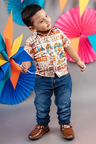 Beige Linen Satin Circus Printed Shirt For Boys by LITTLE BRATS