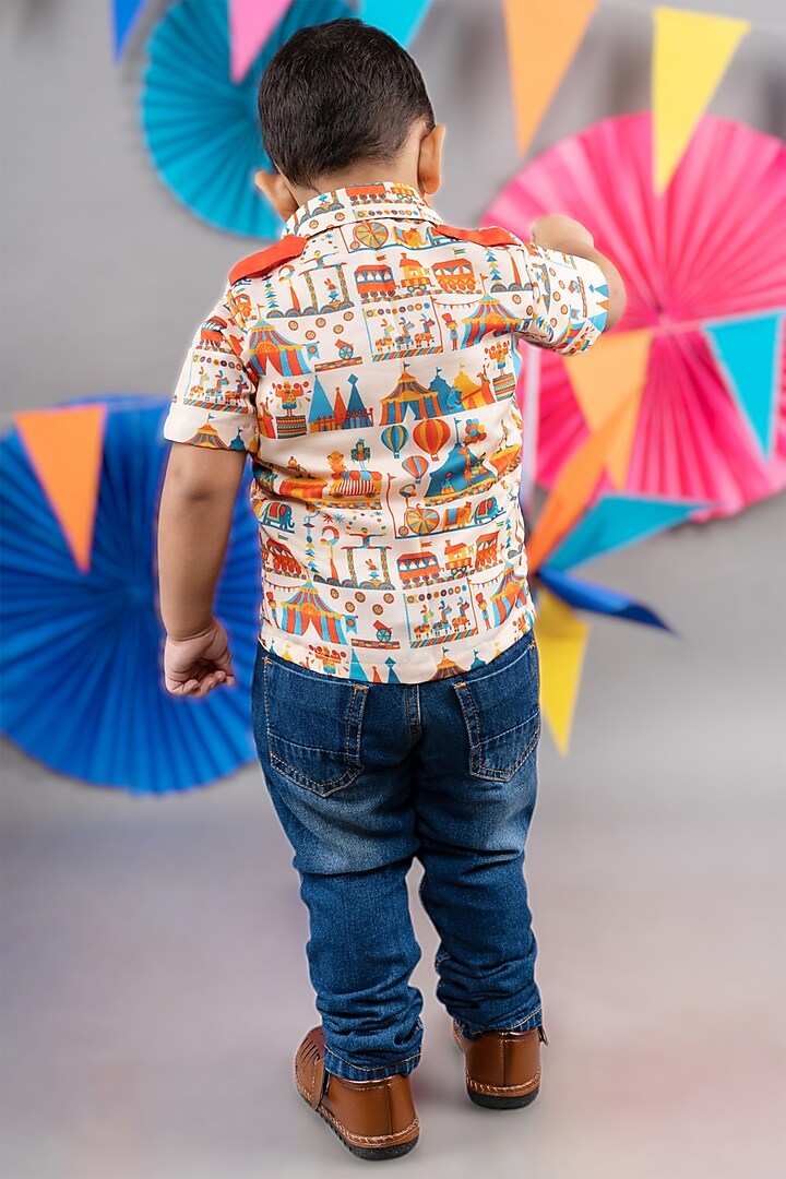 Beige Linen Satin Circus Printed Shirt For Boys by LITTLE BRATS at Pernia's Pop Up Shop