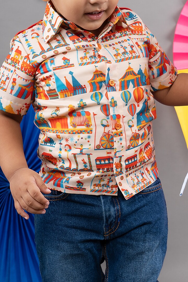 Beige Linen Satin Circus Printed Shirt For Boys by LITTLE BRATS at Pernia's Pop Up Shop