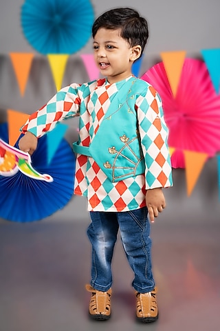 Beige Linen Satin Diamond Printed Shirt For Boys by LITTLE BRATS