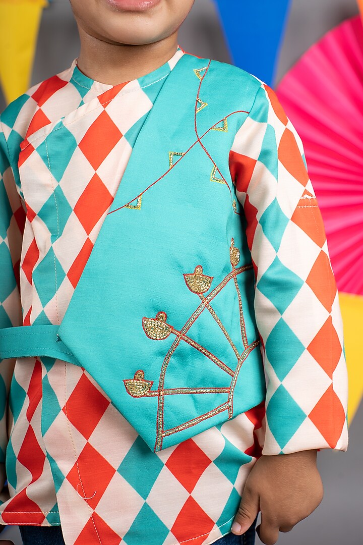 Beige Linen Satin Diamond Printed Shirt For Boys by LITTLE BRATS at Pernia's Pop Up Shop