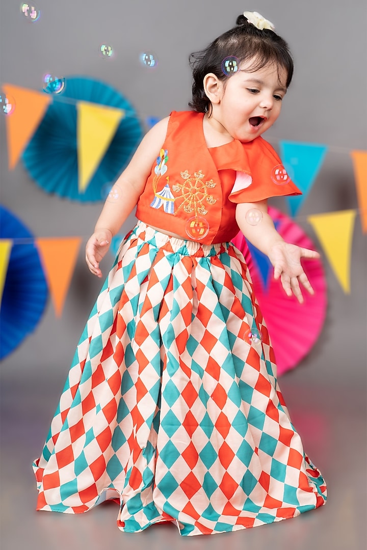 Beige Linen Satin Diamond Printed Skirt Set For Girls by LITTLE BRATS at Pernia's Pop Up Shop