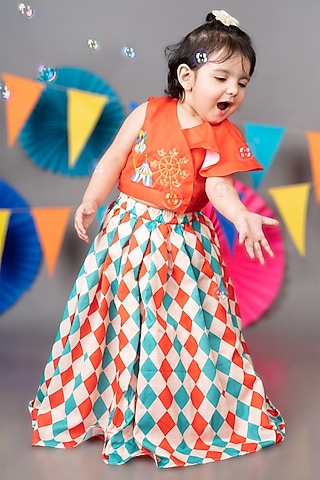 Beige Linen Satin Diamond Printed Skirt Set For Girls by LITTLE BRATS