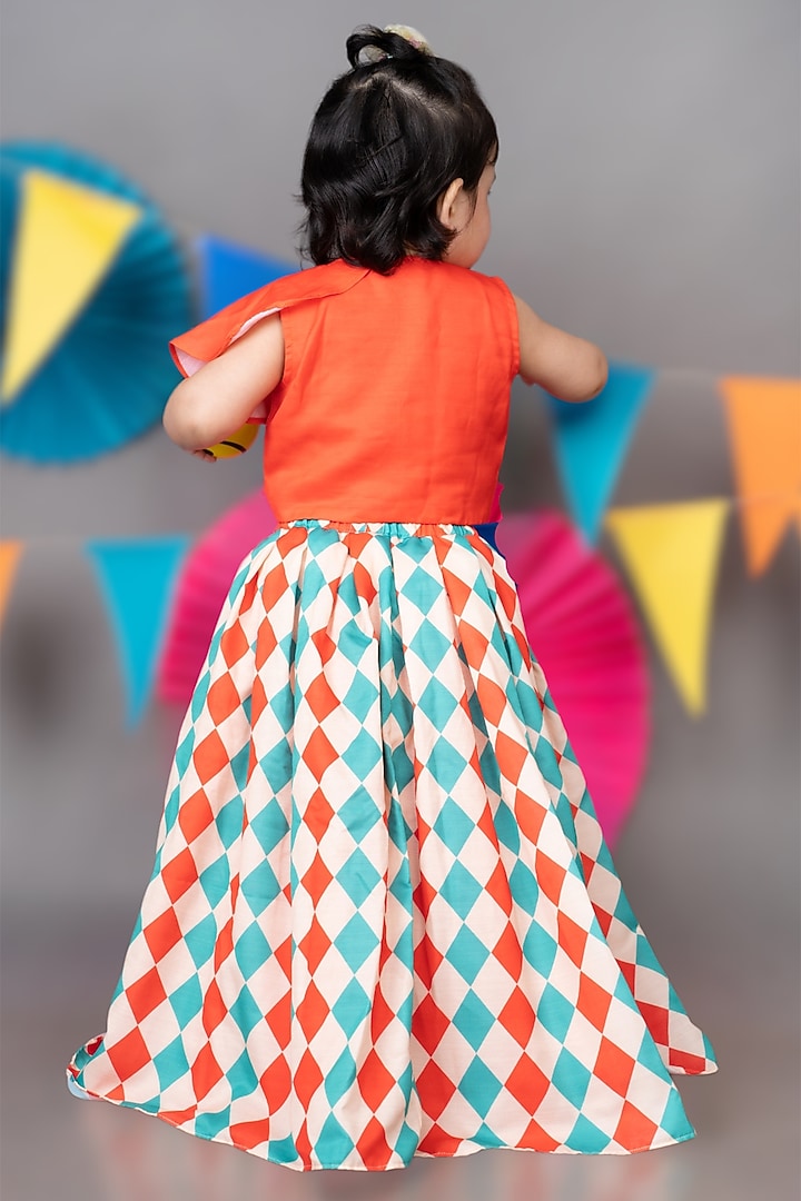 Beige Linen Satin Diamond Printed Skirt Set For Girls by LITTLE BRATS at Pernia's Pop Up Shop