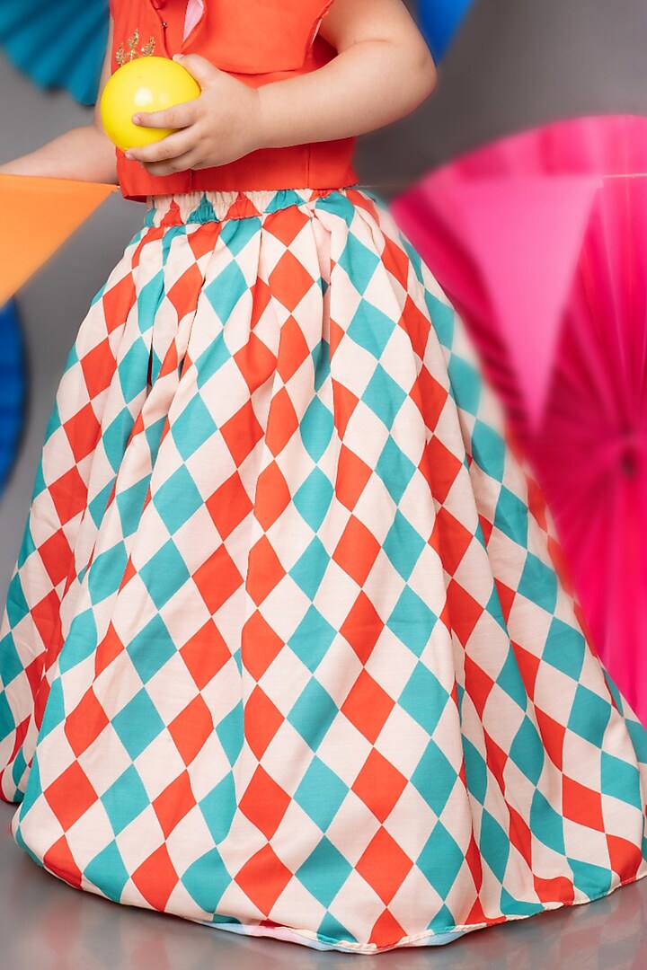 Beige Linen Satin Diamond Printed Skirt Set For Girls by LITTLE BRATS at Pernia's Pop Up Shop