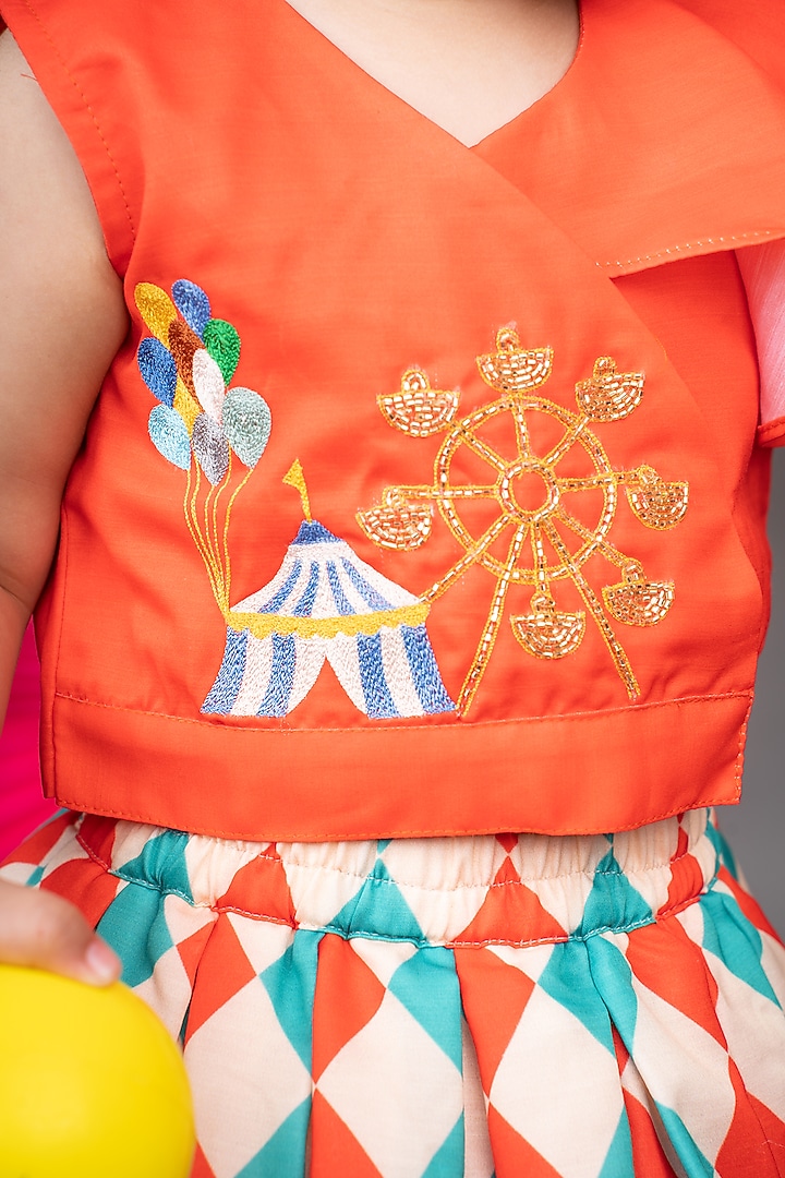 Beige Linen Satin Diamond Printed Skirt Set For Girls by LITTLE BRATS at Pernia's Pop Up Shop