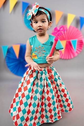 Beige Linen Satin Diamond Printed Skirt Set For Girls by LITTLE BRATS