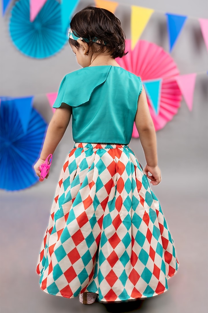 Beige Linen Satin Diamond Printed Skirt Set For Girls by LITTLE BRATS at Pernia's Pop Up Shop