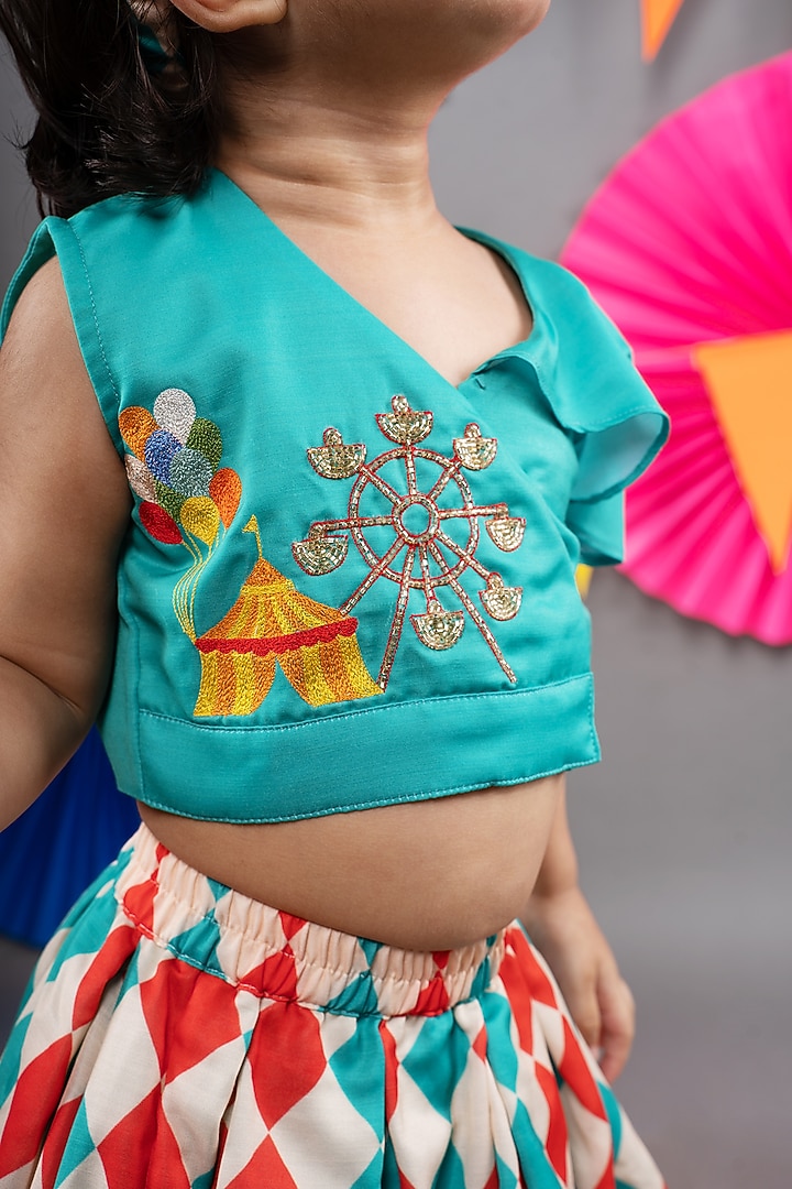 Beige Linen Satin Diamond Printed Skirt Set For Girls by LITTLE BRATS at Pernia's Pop Up Shop