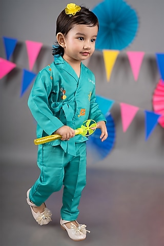 Green Linen Satin Co-Ord Set For Girls by LITTLE BRATS