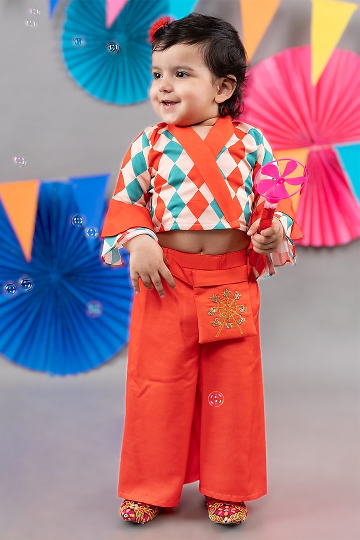 Red Linen Satin Palazzo Pant Set For Girls by LITTLE BRATS at Pernia's Pop Up Shop