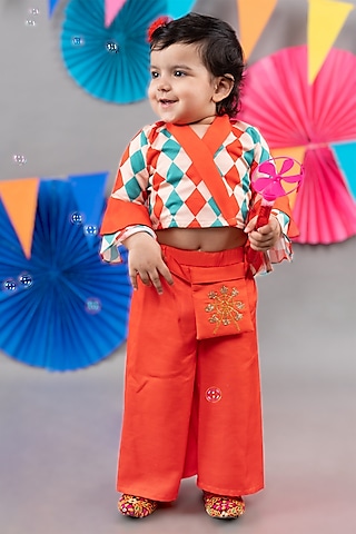Red Linen Satin Palazzo Pant Set For Girls by LITTLE BRATS