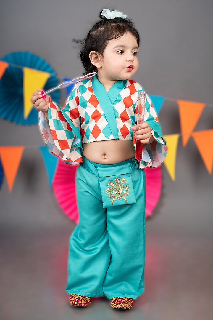 Green Linen Satin Palazzo Pant Set For Girls by LITTLE BRATS at Pernia's Pop Up Shop