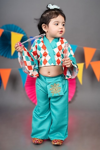 Green Linen Satin Palazzo Pant Set For Girls by LITTLE BRATS