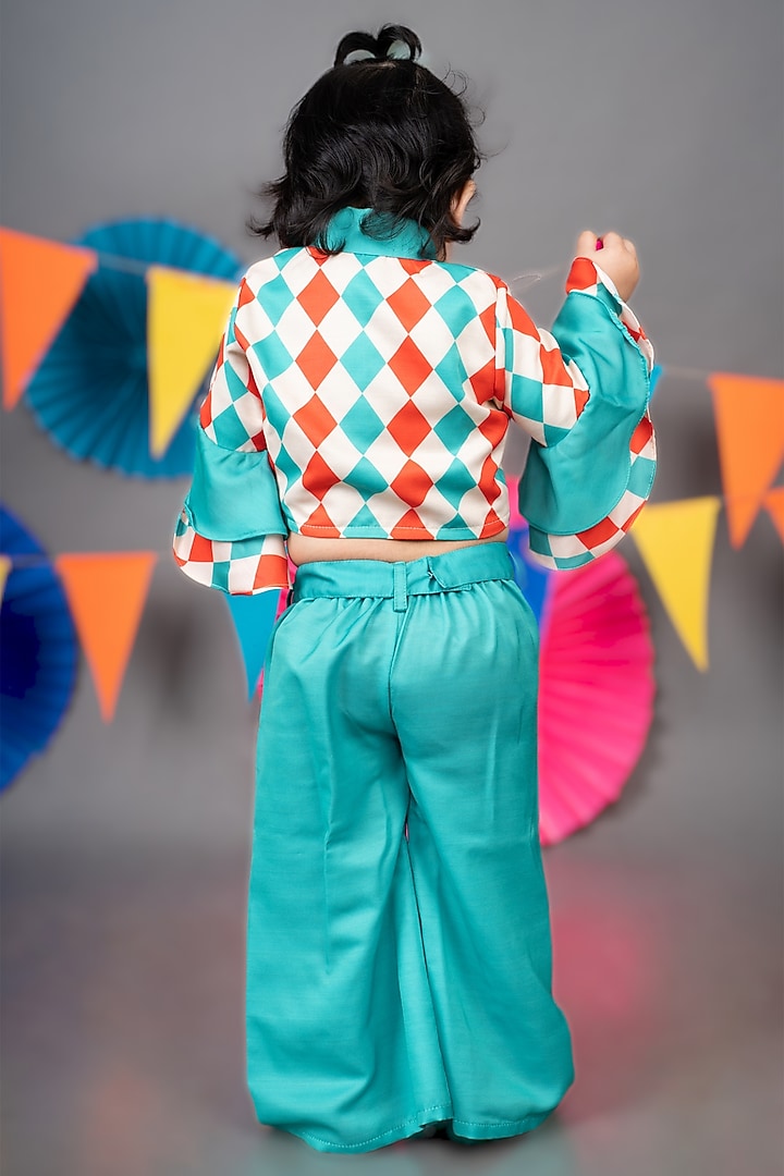 Green Linen Satin Palazzo Pant Set For Girls by LITTLE BRATS at Pernia's Pop Up Shop