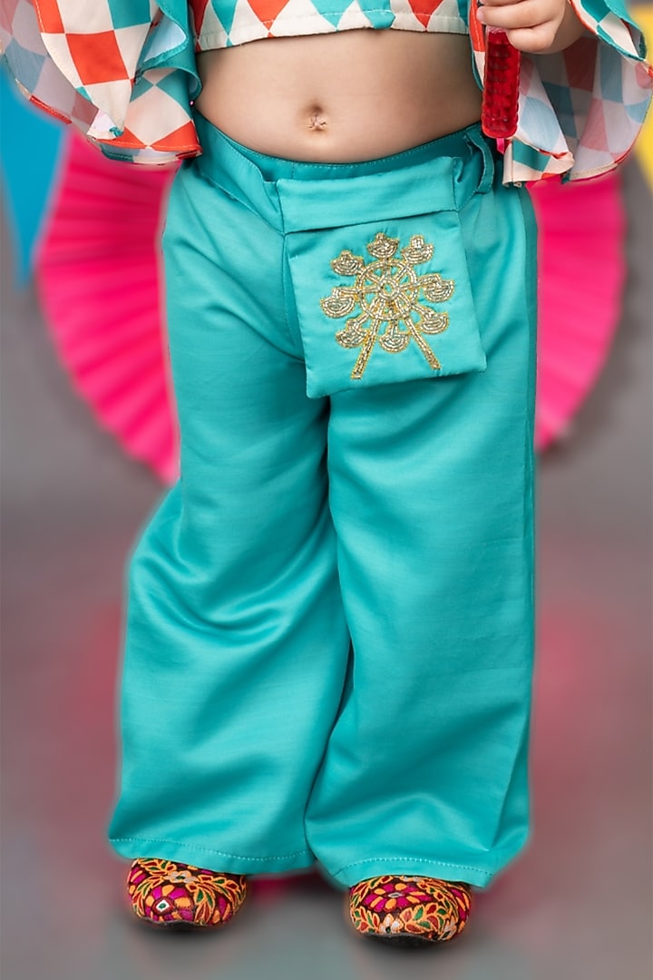 Green Linen Satin Palazzo Pant Set For Girls by LITTLE BRATS at Pernia's Pop Up Shop