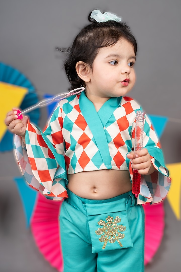 Green Linen Satin Palazzo Pant Set For Girls by LITTLE BRATS at Pernia's Pop Up Shop