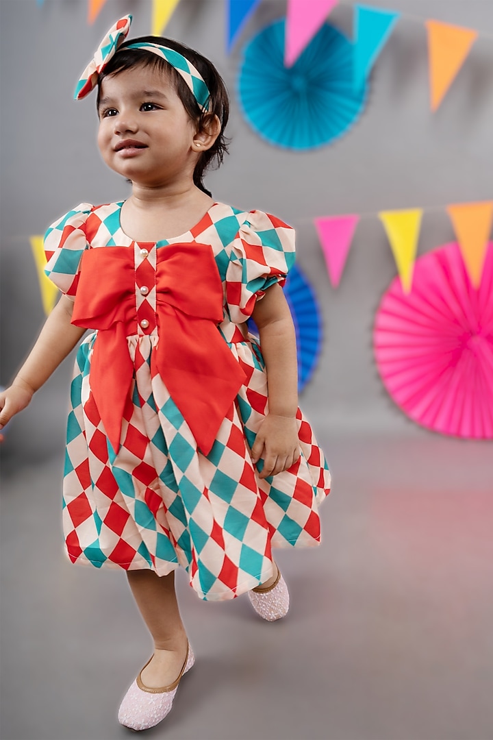 Beige Linen Satin Diamond Printed Bow Dress For Girls by LITTLE BRATS at Pernia's Pop Up Shop