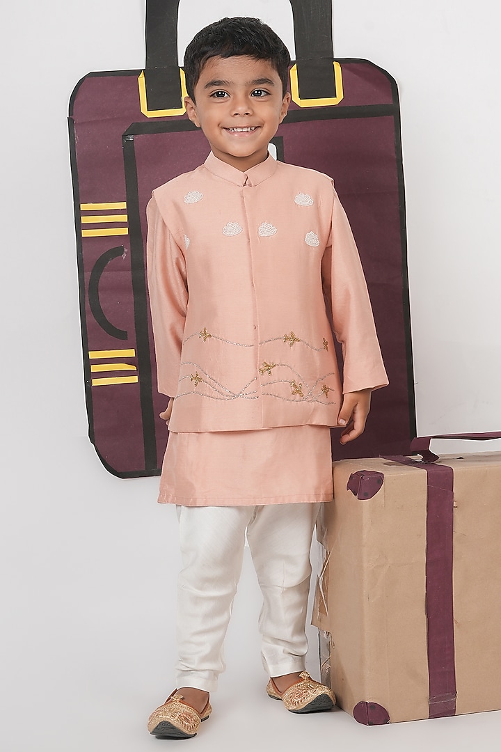 Onion Pink Cotton Silk Cutdana Hand Embroidered Bundi Jacket Set For Boys by LITTLE BRATS at Pernia's Pop Up Shop