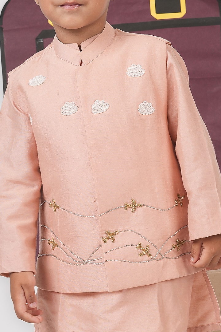 Onion Pink Cotton Silk Cutdana Hand Embroidered Bundi Jacket Set For Boys by LITTLE BRATS at Pernia's Pop Up Shop