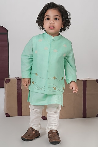 Mint Green Cotton Silk Cutdana Hand Embroidered Bundi Jacket Set For Boys by LITTLE BRATS