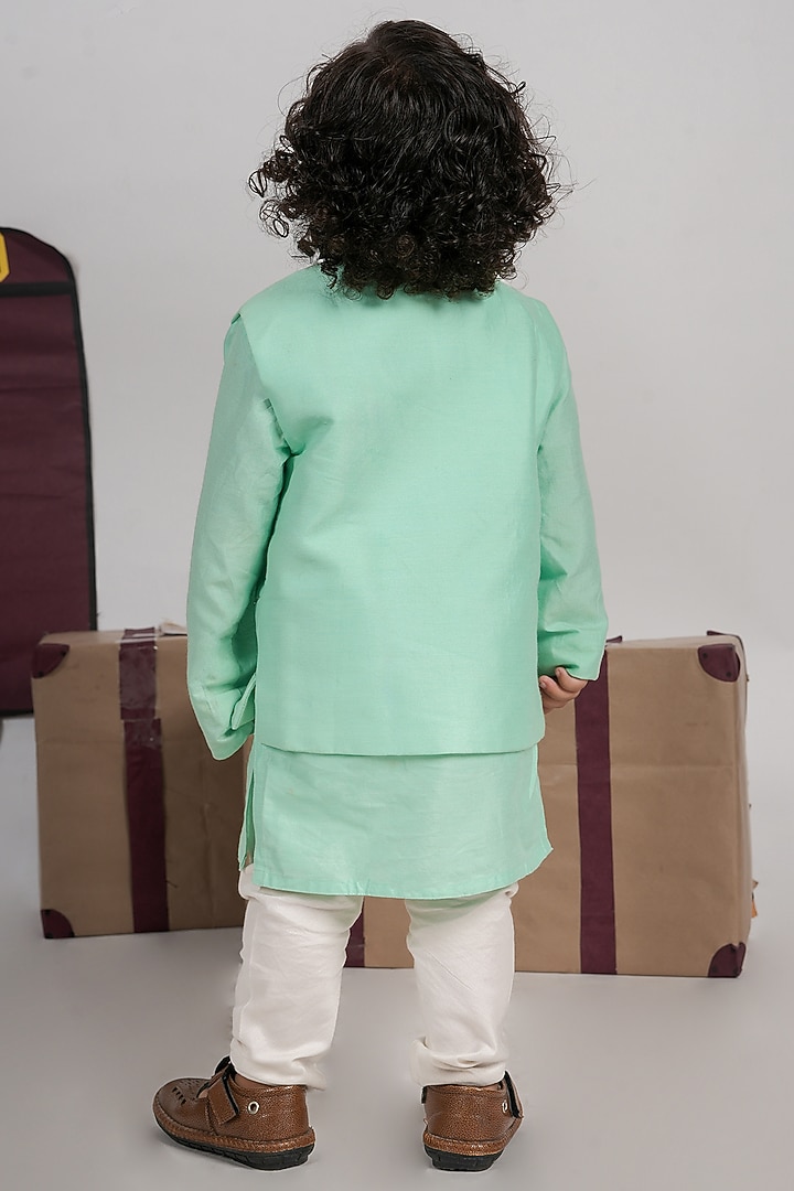 Mint Green Cotton Silk Cutdana Hand Embroidered Bundi Jacket Set For Boys by LITTLE BRATS at Pernia's Pop Up Shop
