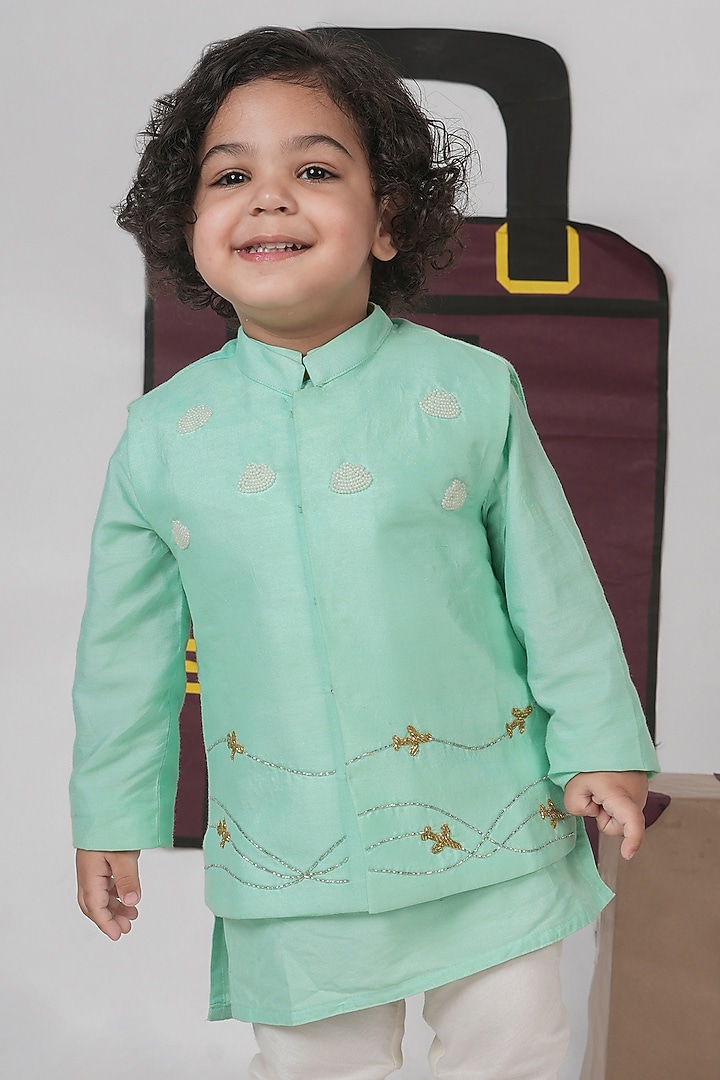 Mint Green Cotton Silk Cutdana Hand Embroidered Bundi Jacket Set For Boys by LITTLE BRATS at Pernia's Pop Up Shop