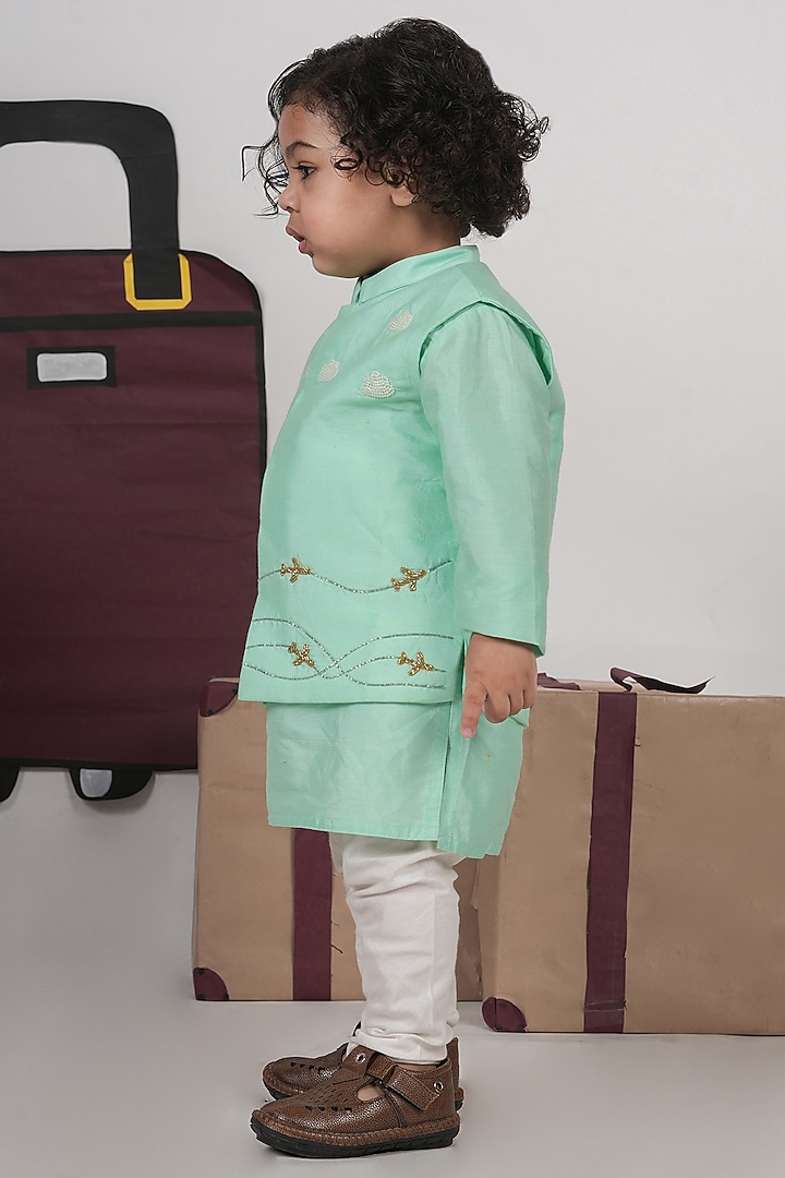 Mint Green Cotton Silk Cutdana Hand Embroidered Bundi Jacket Set For Boys by LITTLE BRATS at Pernia's Pop Up Shop