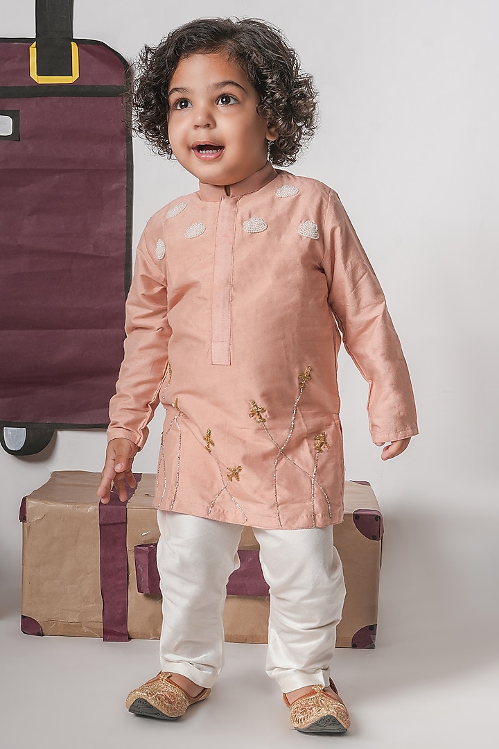 Onion Pink Cotton Silk Cutdana Hand Embroidered Kurta Set For Boys by LITTLE BRATS at Pernia's Pop Up Shop