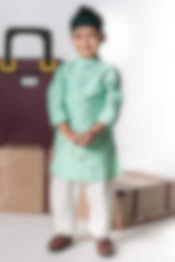 Mint Green Cotton Silk Cutdana Hand Embroidered Kurta Set For Boys by LITTLE BRATS at Pernia's Pop Up Shop