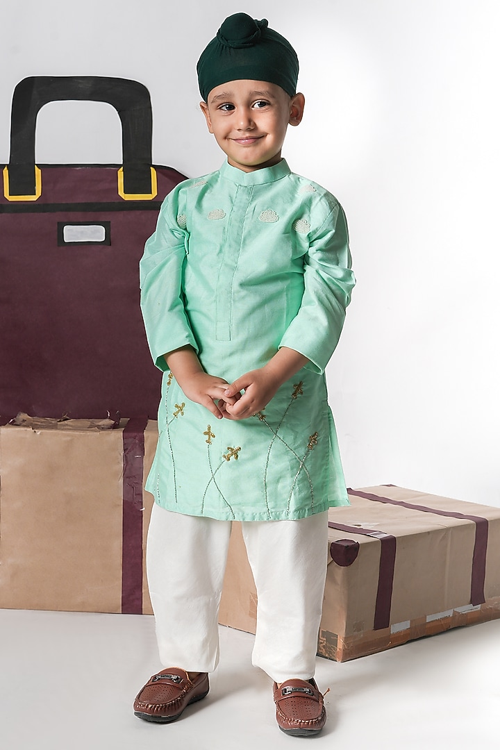 Mint Green Cotton Silk Cutdana Hand Embroidered Kurta Set For Boys by LITTLE BRATS at Pernia's Pop Up Shop