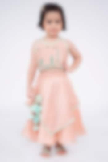 Onion Pink Cotton Silk Embroidered Layered Lehenga Set For Girls by LITTLE BRATS at Pernia's Pop Up Shop