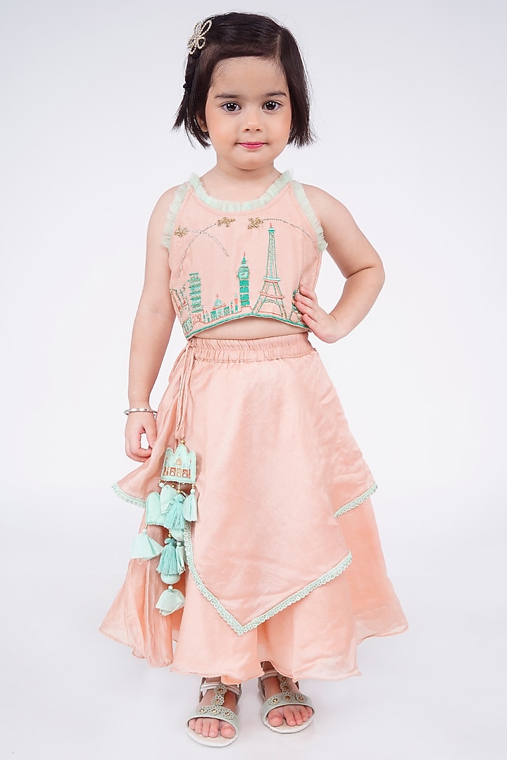 Onion Pink Cotton Silk Embroidered Layered Lehenga Set For Girls by LITTLE BRATS at Pernia's Pop Up Shop