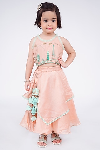 Onion Pink Cotton Silk Embroidered Layered Lehenga Set For Girls by LITTLE BRATS