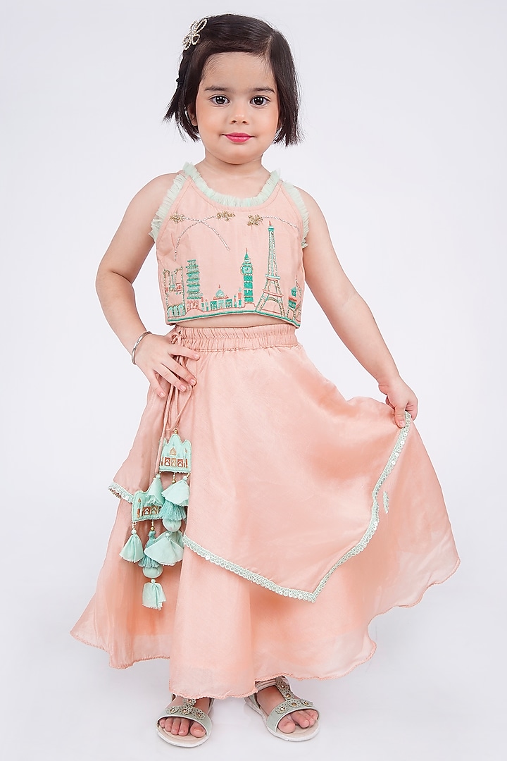 Onion Pink Cotton Silk Embroidered Layered Lehenga Set For Girls by LITTLE BRATS at Pernia's Pop Up Shop