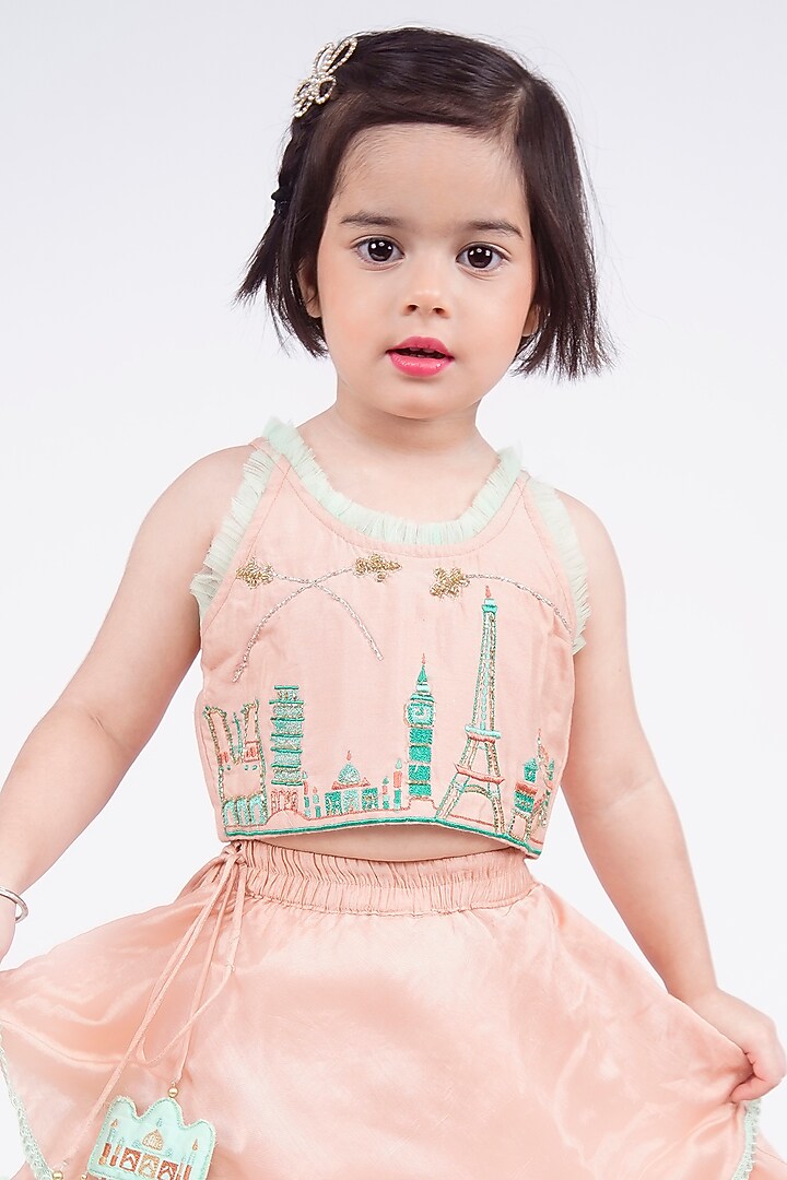Onion Pink Cotton Silk Embroidered Layered Lehenga Set For Girls by LITTLE BRATS at Pernia's Pop Up Shop