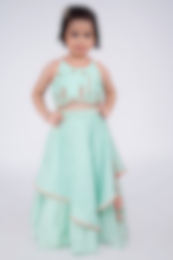 Mint Green Cotton Silk Embroidered Layered Lehenga Set For Girls by LITTLE BRATS at Pernia's Pop Up Shop