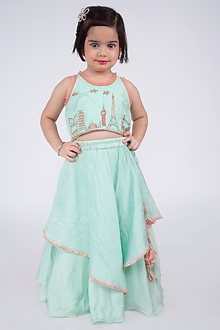 Mint Green Cotton Silk Embroidered Layered Lehenga Set For Girls by LITTLE BRATS