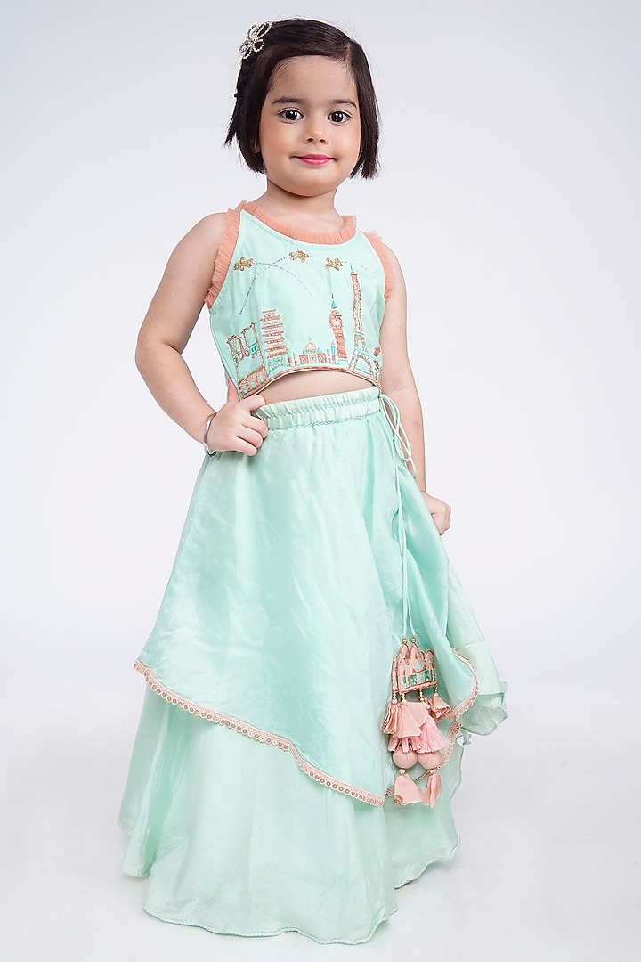 Mint Green Cotton Silk Embroidered Layered Lehenga Set For Girls by LITTLE BRATS at Pernia's Pop Up Shop