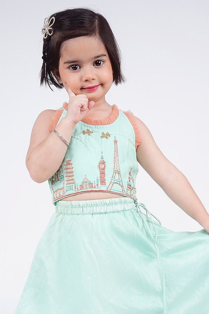 Mint Green Cotton Silk Embroidered Layered Lehenga Set For Girls by LITTLE BRATS at Pernia's Pop Up Shop