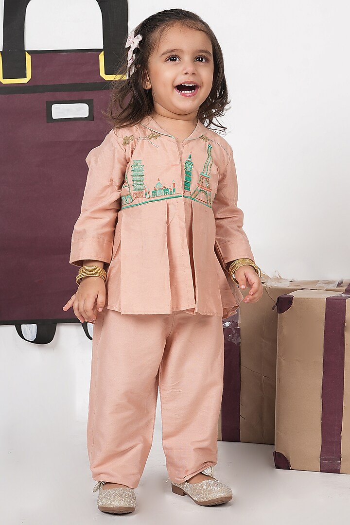 Onion Pink Cotton Silk Cutdana Hand Embroidered Co-Ord Set For Girls by LITTLE BRATS at Pernia's Pop Up Shop