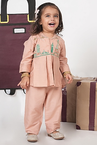 Onion Pink Cotton Silk Cutdana Hand Embroidered Co-Ord Set For Girls by LITTLE BRATS
