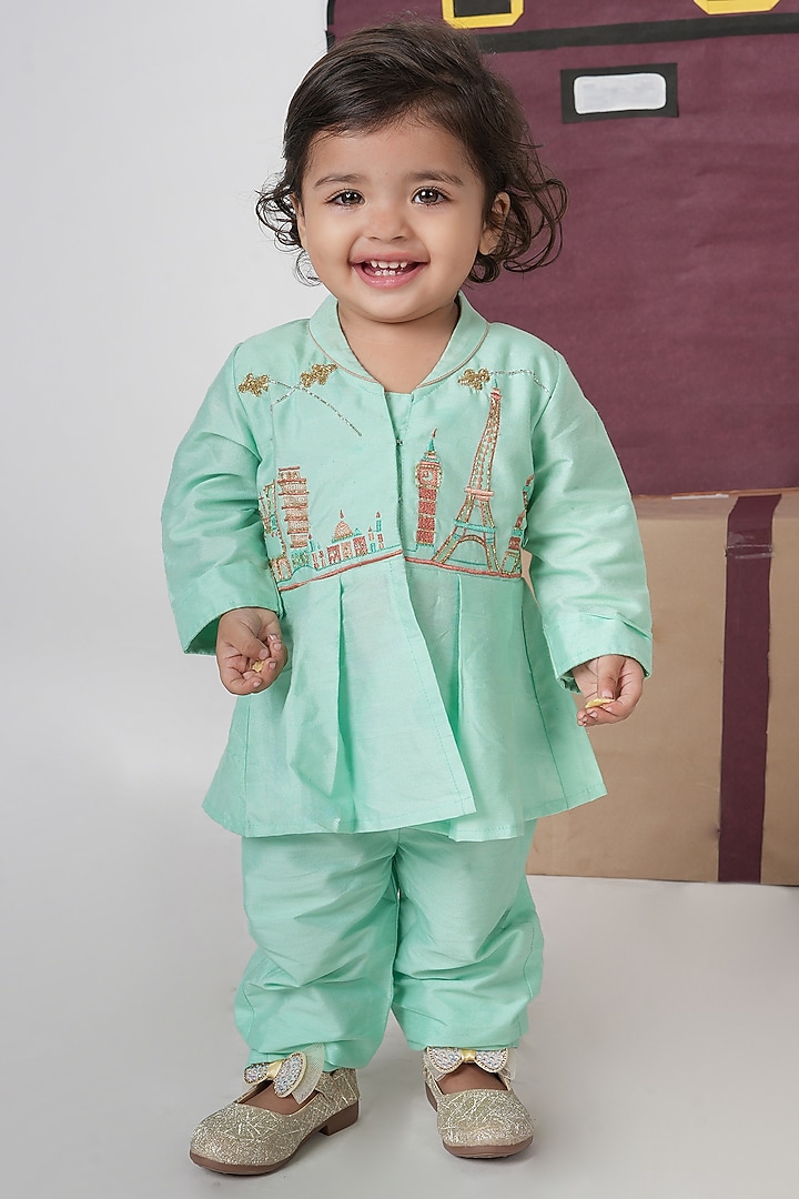 Mint Green Cotton Silk Cutdana Hand Embroidered Co-Ord Set For Girls by LITTLE BRATS at Pernia's Pop Up Shop