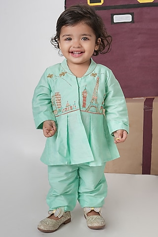 Mint Green Cotton Silk Cutdana Hand Embroidered Co-Ord Set For Girls by LITTLE BRATS