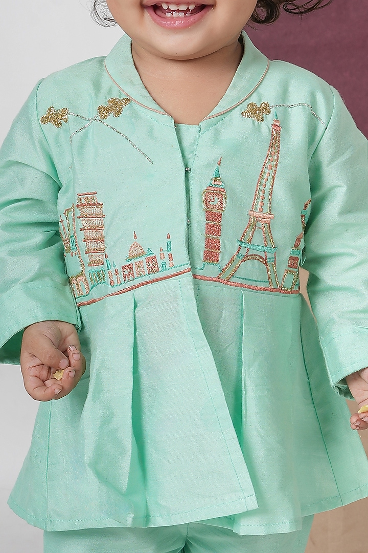 Mint Green Cotton Silk Cutdana Hand Embroidered Co-Ord Set For Girls by LITTLE BRATS at Pernia's Pop Up Shop
